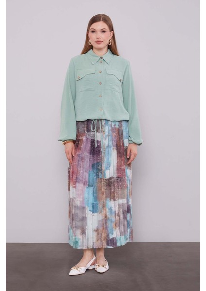 Mint Yeşili -Mint Yeşili Bel Büzgülü Etek Takım