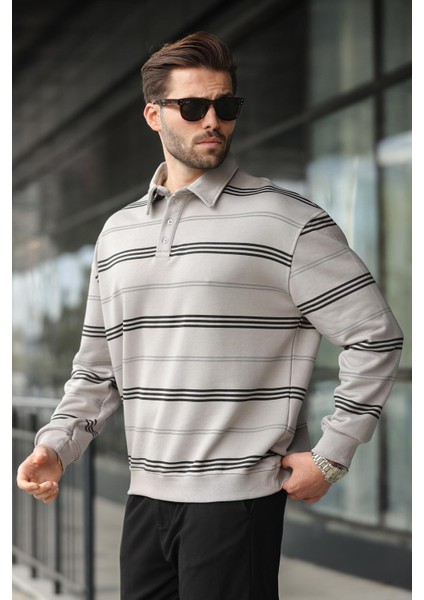 Boyalı Gri Çizgili Polo Yaka Erkek Sweatshirt E7172