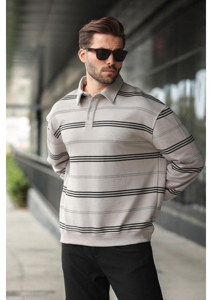 Boyalı Gri Çizgili Polo Yaka Erkek Sweatshirt E7172 modelleri