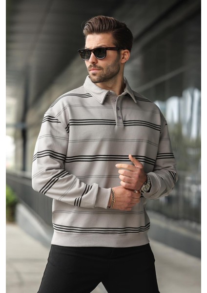 Boyalı Gri Çizgili Polo Yaka Erkek Sweatshirt E7172 fırsatları