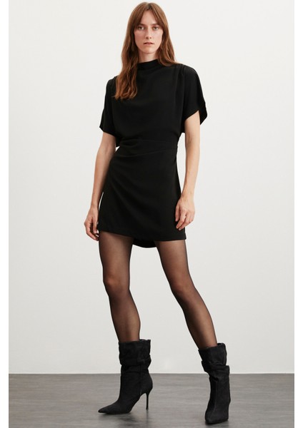 Maxıne Kadın Drape Detaylı Omuzdan Geniş Belden Aşağı Oturan Esnek Krep Örme Kumaşlı Mini Siyah Elbi fiyatları