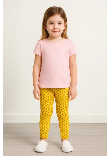 Kız Çocuk Çiçek Desenli Rahat Günlük Sarı Tayt