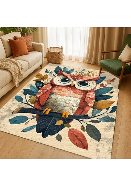 Baykuş Motifli Çocuk Halısı, Kaymaz Tabanlı, Oyun Odası Için Eğlenceli