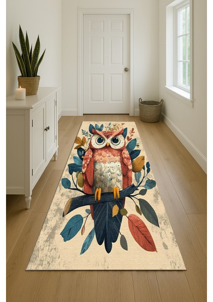 Baykuş Motifli Çocuk Halısı, Kaymaz Tabanlı, Oyun Odası Için Eğlenceli