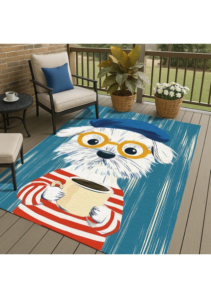 Sevimli ve Renkli Köpek Desenli Çocuk Halısı, Mavi Zemin, Kaymaz Tabanlı Eğlenceli Tasarım fırsatları