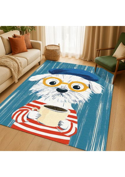 Sevimli ve Renkli Köpek Desenli Çocuk Halısı, Mavi Zemin, Kaymaz Tabanlı Eğlenceli Tasarım