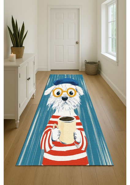 Sevimli ve Renkli Köpek Desenli Çocuk Halısı, Mavi Zemin, Kaymaz Tabanlı Eğlenceli Tasarım indirimleri