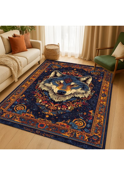 Bohem Stil Halı, Lacivert Zemin Üzerinde Hayvan Motifli