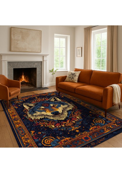 Bohem Stil Halı, Lacivert Zemin Üzerinde Hayvan Motifli modelleri