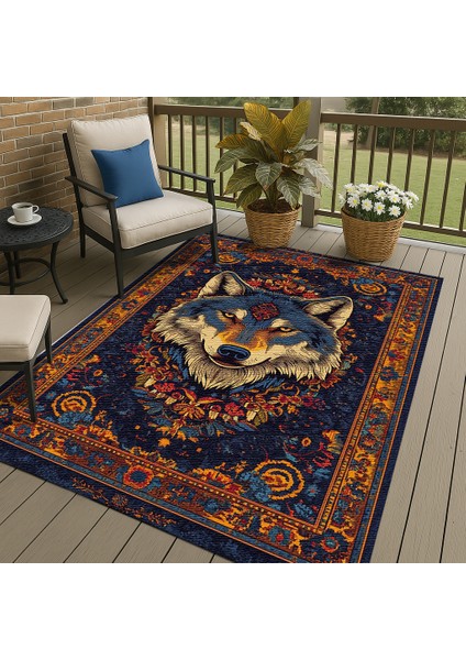 Bohem Stil Halı, Lacivert Zemin Üzerinde Hayvan Motifli