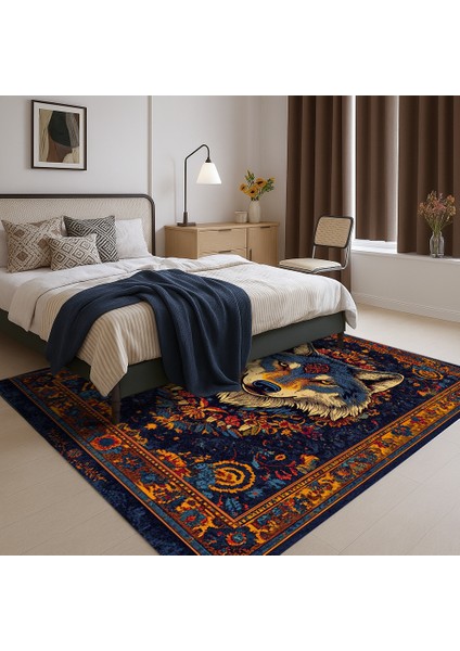 Bohem Stil Halı, Lacivert Zemin Üzerinde Hayvan Motifli