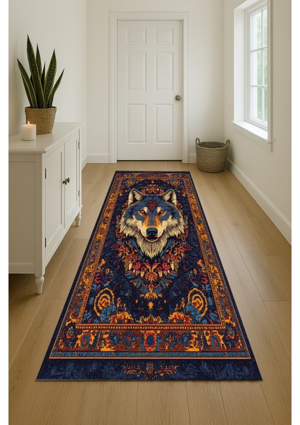 Bohem Stil Halı, Lacivert Zemin Üzerinde Hayvan Motifli