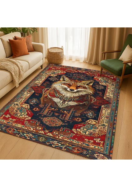 Bohem Halı, Lacivert Kırmızı Hayvan Motifli, Kaymaz Taban, Yumuşak Dokulu