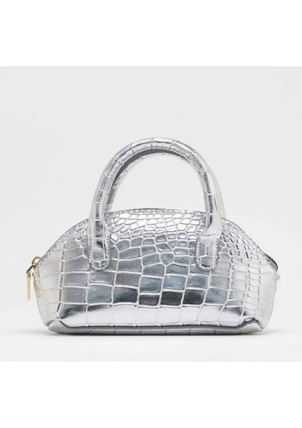 Kadın Parlak Mini Kroko Desen Fermuaralı Kısa ve Uzun Askılı El, Omuz Çantası