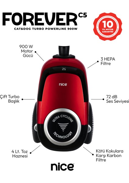 Forever C5 Turbo Başlıklı Cat&dog 900W Çift Turbo Fırçalı Toz Torbasız Elektrikli Süpürge indirimleri