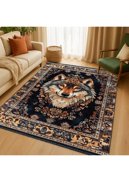 Lacivert Bohem Halı, Hayvan Figürleriyle Dekoratif, Kaymaz Tabanlı Kilim