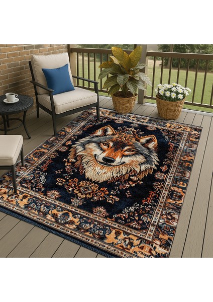 Lacivert Bohem Halı, Hayvan Figürleriyle Dekoratif, Kaymaz Tabanlı Kilim