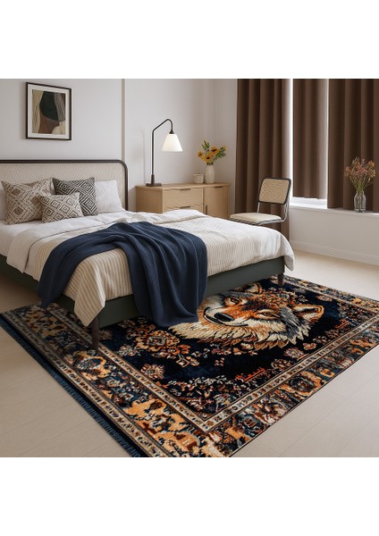 Lacivert Bohem Halı, Hayvan Figürleriyle Dekoratif, Kaymaz Tabanlı Kilim
