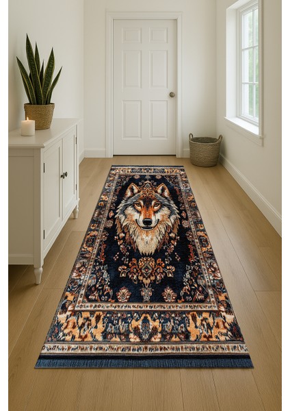 Lacivert Bohem Halı, Hayvan Figürleriyle Dekoratif, Kaymaz Tabanlı Kilim