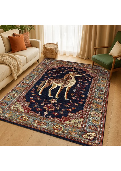 Lacivert Hayvan Figürlü Polyester Halı, Bohem Tarz Salon Halısı, Makinede Yıkanabilir