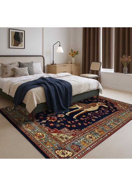 Lacivert Hayvan Figürlü Polyester Halı, Bohem Tarz Salon Halısı, Makinede Yıkanabilir modelleri