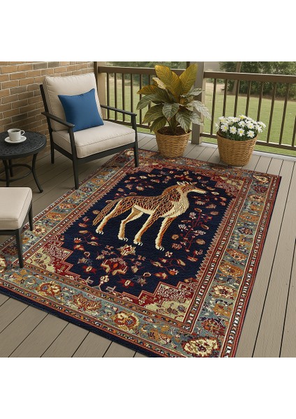 Lacivert Hayvan Figürlü Polyester Halı, Bohem Tarz Salon Halısı, Makinede Yıkanabilir
