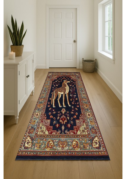 Lacivert Hayvan Figürlü Polyester Halı, Bohem Tarz Salon Halısı, Makinede Yıkanabilir