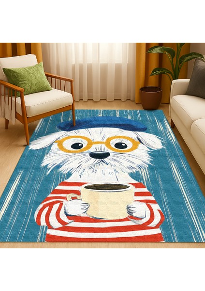 Sevimli ve Renkli Köpek Desenli Çocuk Halısı, Mavi Zemin, Kaymaz Tabanlı Eğlenceli Tasarım fiyatları