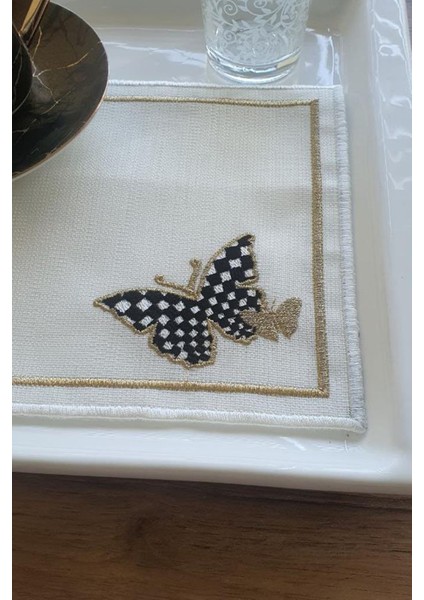 Kelebek Nakışlı Keten Kare Bardak Altlığı Seti 6 Lı modelleri