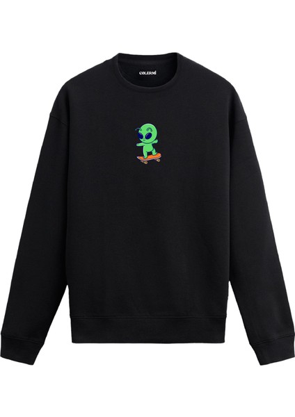 Kaykaylı Uzaylı Tasarım Baskılı Unisex Sweatshirt