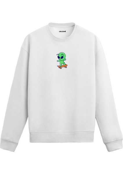 Kaykaylı Uzaylı Tasarım Baskılı Unisex Sweatshirt