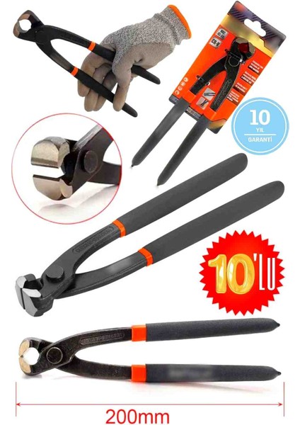 10 Adet Tel Çelik Kesme Inşaat Marangoz Pensesi, Ferraioli ve Çimentocular Için Pense, Profesyonel Iş Kapatma (8'' 200MM)