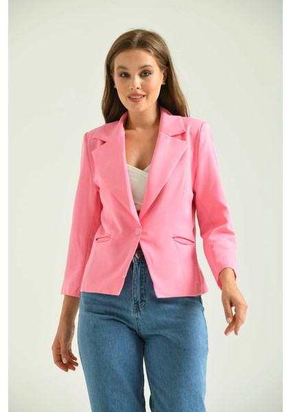 Kadın Blazer Ceket Bel Boy Vatkalı Tek Düğmeli Blazer Pembe - T026