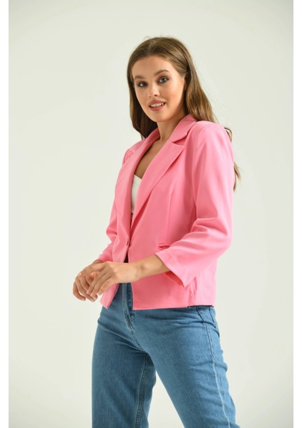 Kadın Blazer Ceket Bel Boy Vatkalı Tek Düğmeli Blazer Pembe - T026 fiyatları