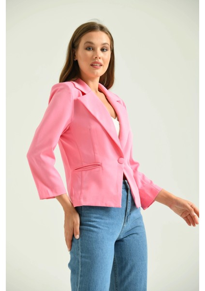 Kadın Blazer Ceket Bel Boy Vatkalı Tek Düğmeli Blazer Pembe - T026 modelleri
