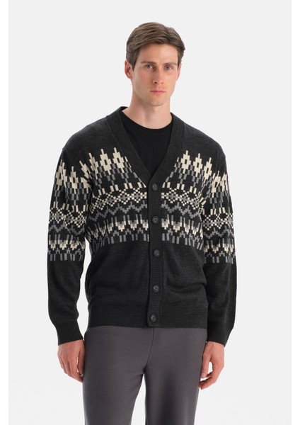 Antrasıt Erkek Yılbaşı Desenli Triko Hırka