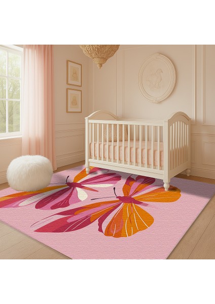 Kelebek Figürlü Pembe Çocuk Odası Halısı, Yumuşak Dokulu ve Kaymaz Tabanlı