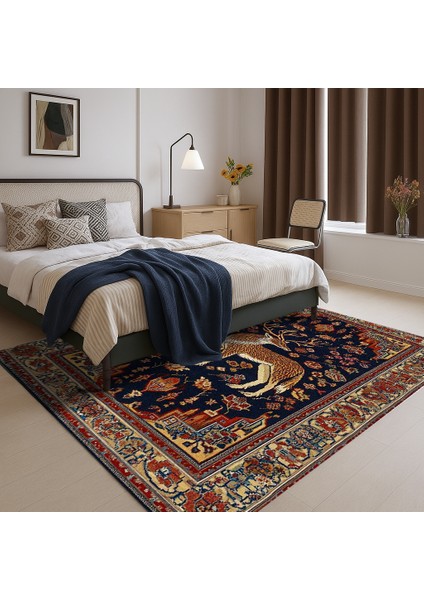 Lacivert ve Kırmızı Hayvan Figürlü Salon Halısı, Makinede Yıkanabilir Polyester Halı modelleri