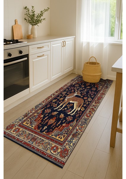 Lacivert ve Kırmızı Hayvan Figürlü Salon Halısı, Makinede Yıkanabilir Polyester Halı indirimleri