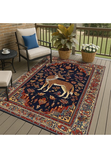 Lacivert ve Kırmızı Hayvan Figürlü Salon Halısı, Makinede Yıkanabilir Polyester Halı