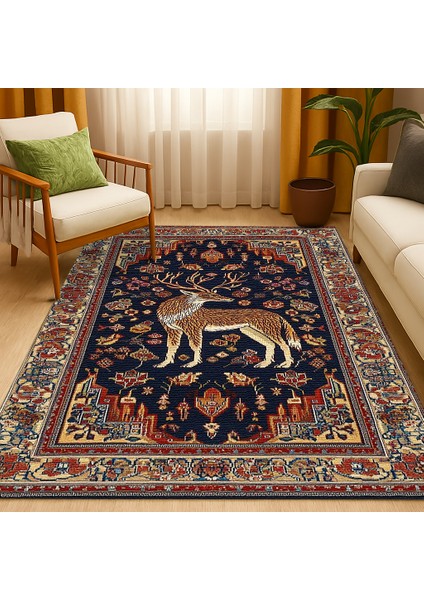 Lacivert ve Kırmızı Hayvan Figürlü Salon Halısı, Makinede Yıkanabilir Polyester Halı