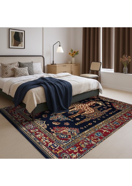 Makinede Yıkanabilir Zürafa Desenli Kırmızı-Lacivert Salon Halısı, Kaymaz Tabanlı Bohem Halı modelleri