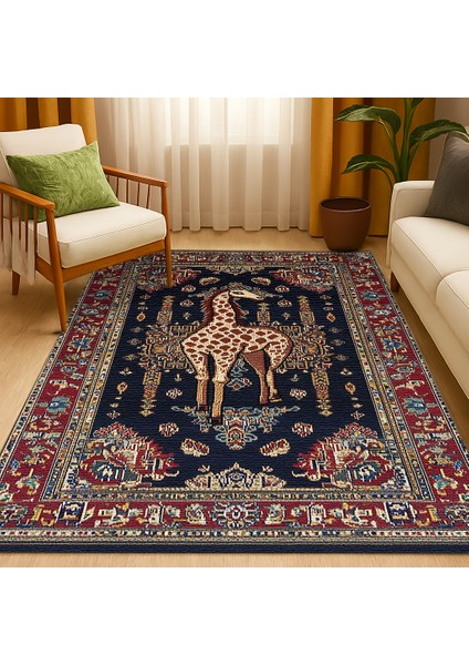 Makinede Yıkanabilir Zürafa Desenli Kırmızı-Lacivert Salon Halısı, Kaymaz Tabanlı Bohem Halı