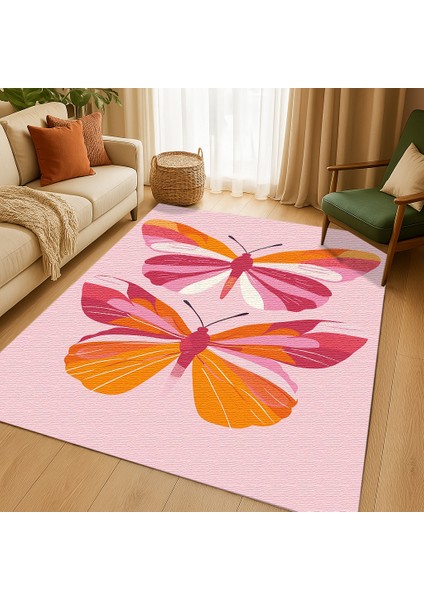 Kelebek Figürlü Pembe Çocuk Odası Halısı, Yumuşak Dokulu ve Kaymaz Tabanlı