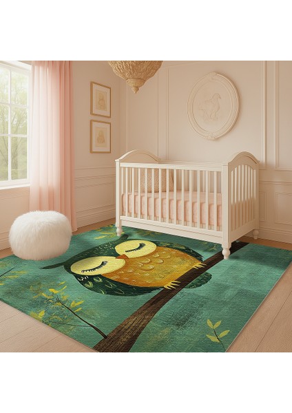 Çocuk Odası Halısı, Baykuş Figürlü, Yeşil Zemin, Kaymaz ve Yumuşak Dokulu