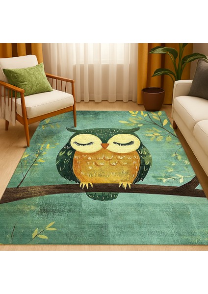 Çocuk Odası Halısı, Baykuş Figürlü, Yeşil Zemin, Kaymaz ve Yumuşak Dokulu fiyatları