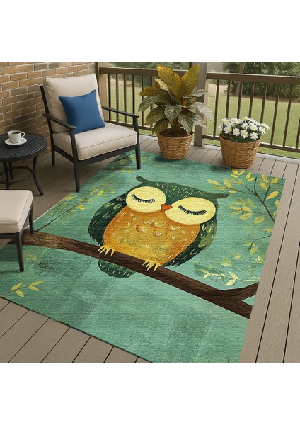 Çocuk Odası Halısı, Baykuş Figürlü, Yeşil Zemin, Kaymaz ve Yumuşak Dokulu modelleri