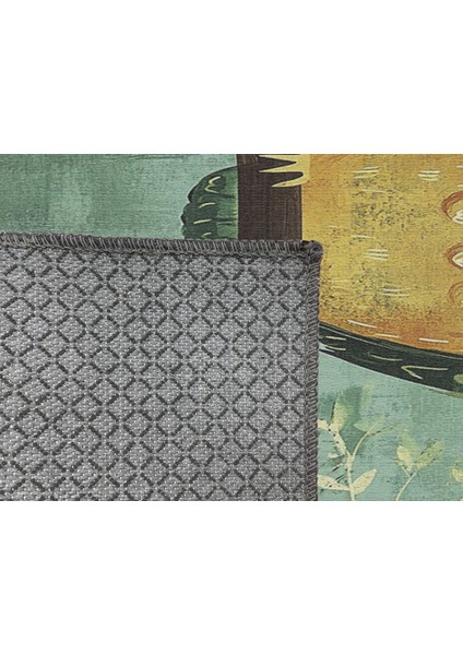 Çocuk Odası Halısı, Baykuş Figürlü, Yeşil Zemin, Kaymaz ve Yumuşak Dokulu