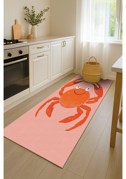 Pembe Zeminli Yengeç Desenli Çocuk Odası Halısı, Kaymaz Taban, Eğlenceli ve Dekoratif