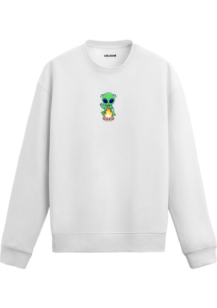 Ateş Başında Uzaylı Tasarım Baskılı Unisex Sweatshirt